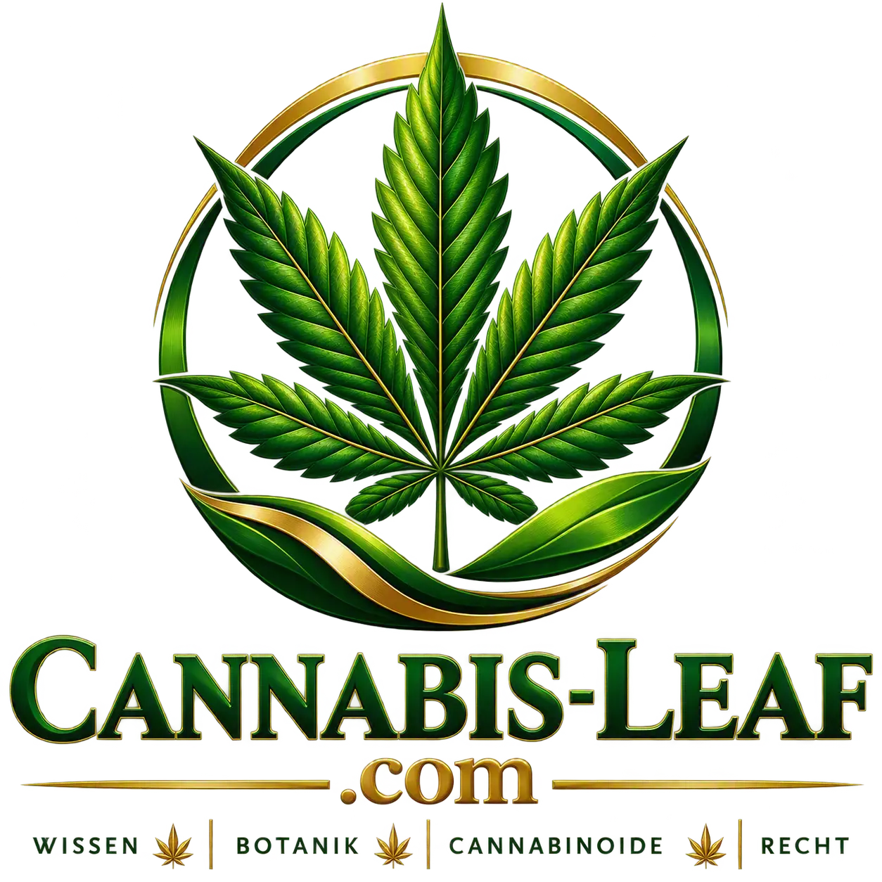 Cannabis-Leaf.com Logo mit grünem Cannabisblatt, goldenem Ring und den Schwerpunkten Wissen, Botanik, Cannabinoide und Recht.