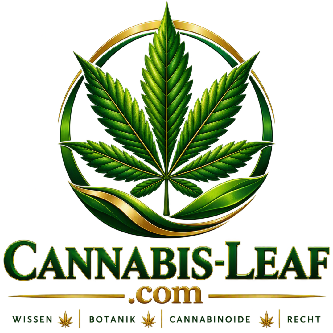 Cannabis-Leaf.com Logo mit grünem Cannabisblatt, goldenem Ring und den Schwerpunkten Wissen, Botanik, Cannabinoide und Recht.