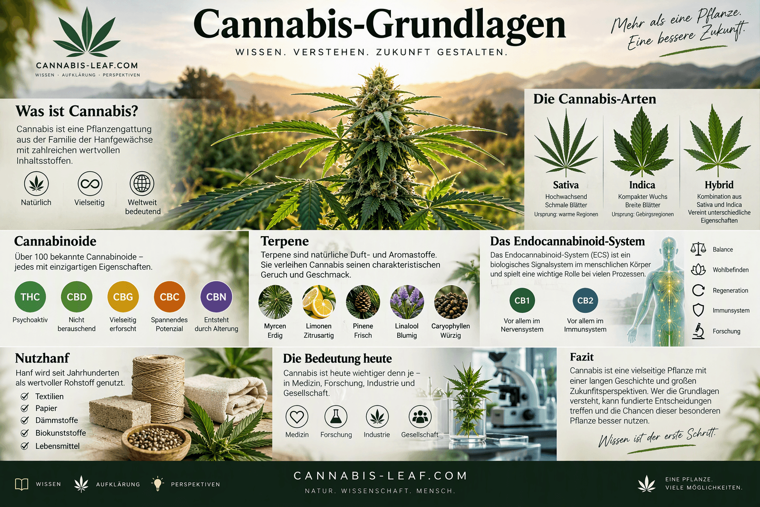 Übersichtsgrafik zu den Cannabis-Grundlagen mit Cannabispflanze, Sativa-, Indica- und Hybrid-Arten, Cannabinoiden wie THC und CBD, Terpenen sowie dem Endocannabinoid-System.