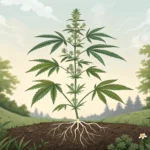 Illustration einer Cannabispflanze mit sichtbaren Wurzeln in natürlicher Umgebung