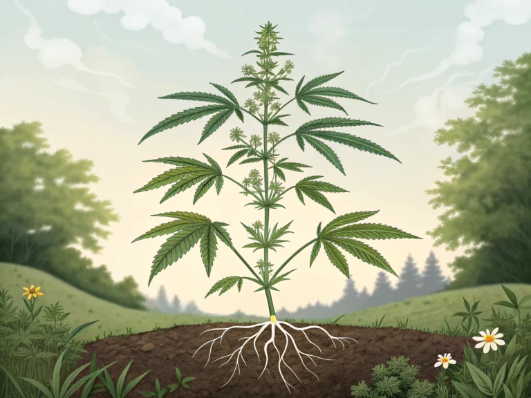 Was ist Cannabis? 3 Illustration einer Cannabispflanze mit sichtbaren Wurzeln in natürlicher Umgebung