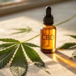 CBD Öl Flasche mit Cannabisblatt, organisch.