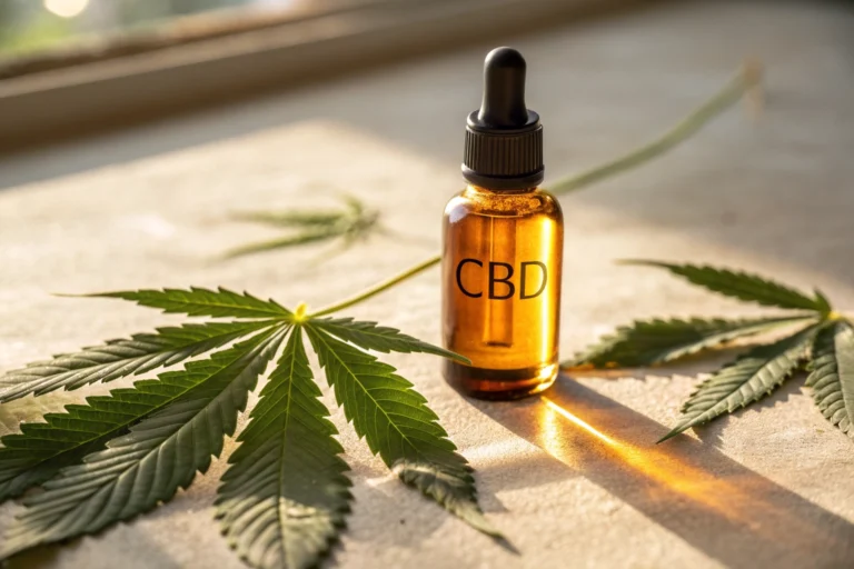 CBD einfach erklärt 3 CBD Öl Flasche mit Cannabisblatt, organisch.